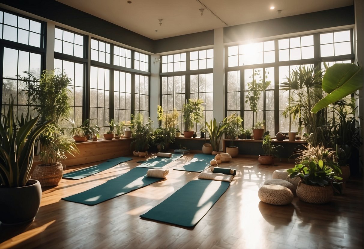 A serene yoga studio with mats laid out, surrounded by plants and natural light streaming in through large windows