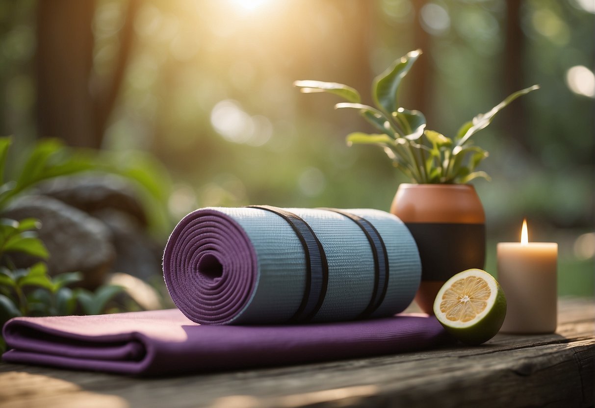 A serene outdoor setting with a sunrise, yoga mat, and props like blocks and straps, surrounded by nature and calmness