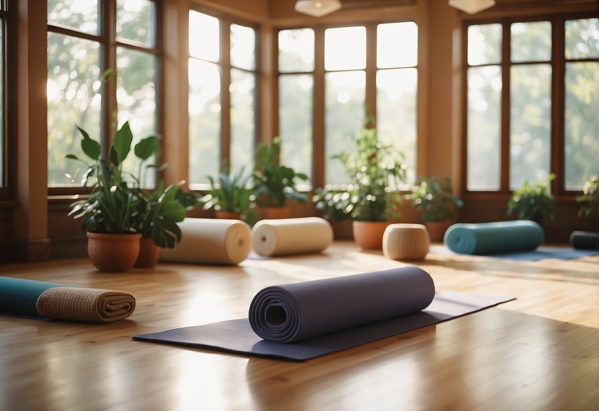 A serene yoga studio with a mat, bolster, and blocks set up for a beginner's class. The space is filled with natural light and plants, creating a peaceful and welcoming atmosphere for practicing core yoga poses