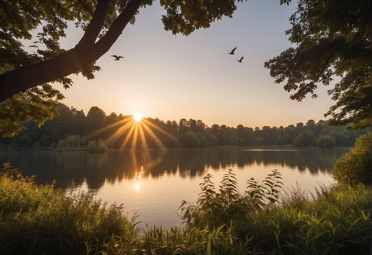 Sunrise over a serene landscape with a calm lake, lush greenery, and a clear sky. A gentle breeze rustles the leaves as birds chirp in the distance