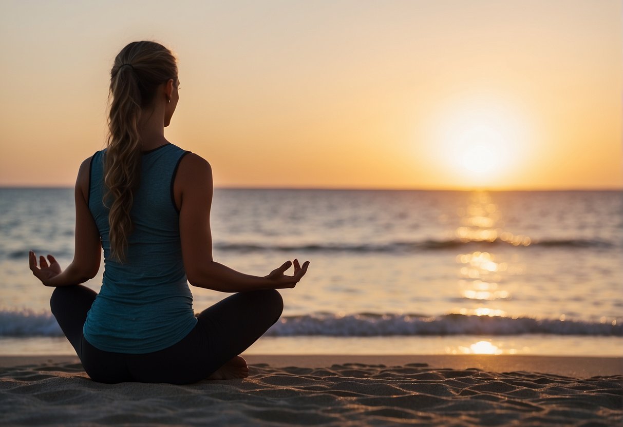 A serene sunrise over a calm body of water, with a figure in the distance practicing yoga poses on a peaceful beach