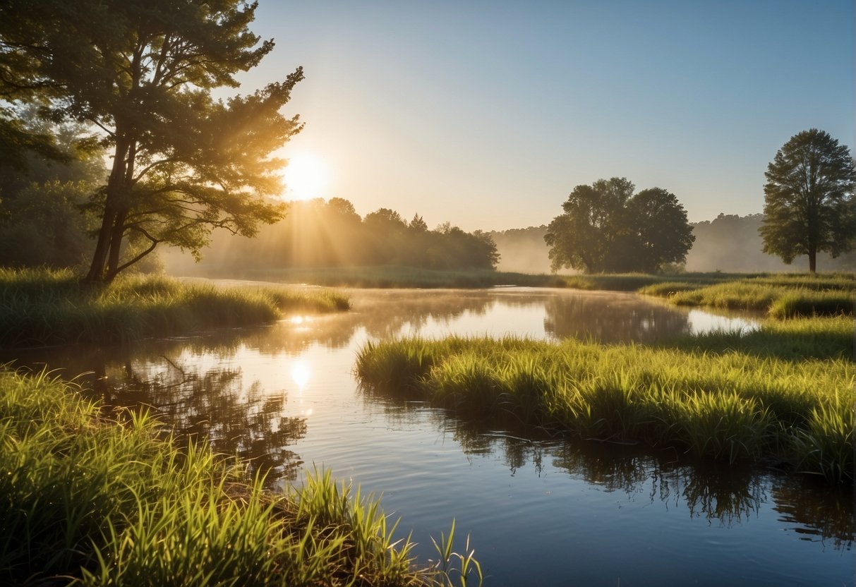 Sunrise over a tranquil landscape, with birds chirping and gentle flowing water. A serene atmosphere with vibrant greenery and a clear blue sky