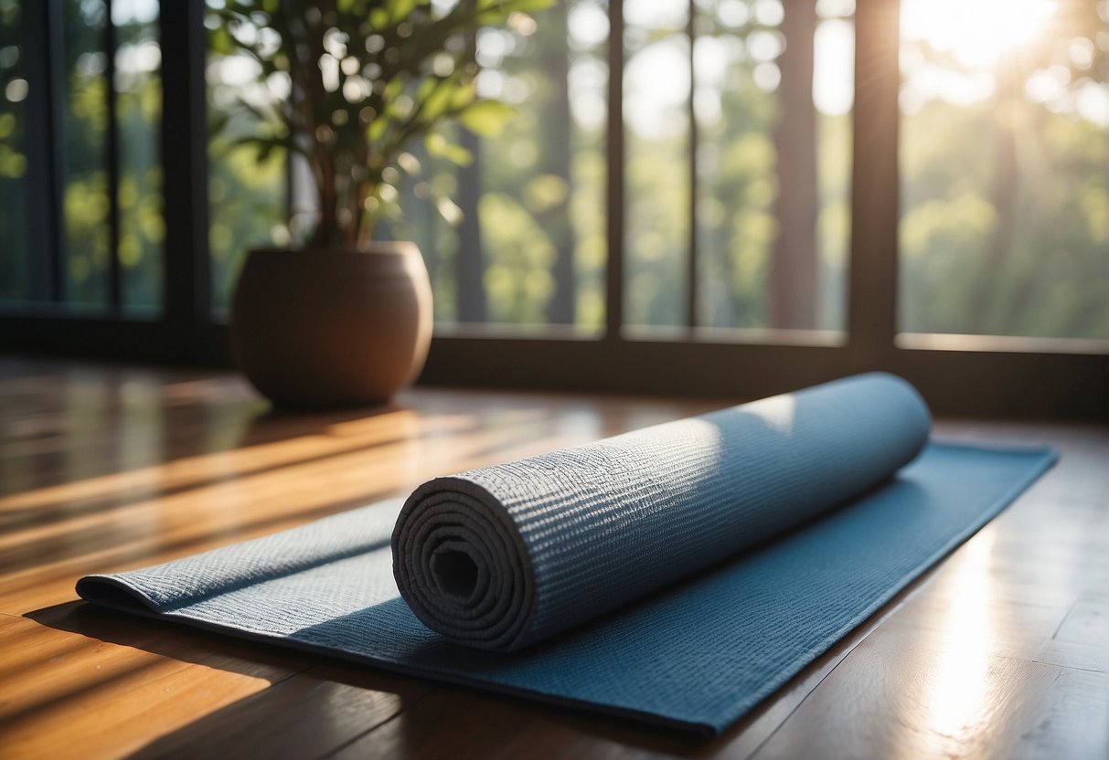 Yoga mat, blocks, straps, and bolster arranged in a serene space. Sunlight streaming in, creating a peaceful atmosphere for morning practice