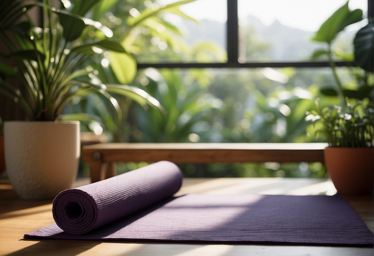 A serene yoga mat placed in a sunlit room, surrounded by plants and calming decor. A bookshelf filled with yoga literature and a soothing playlist playing in the background