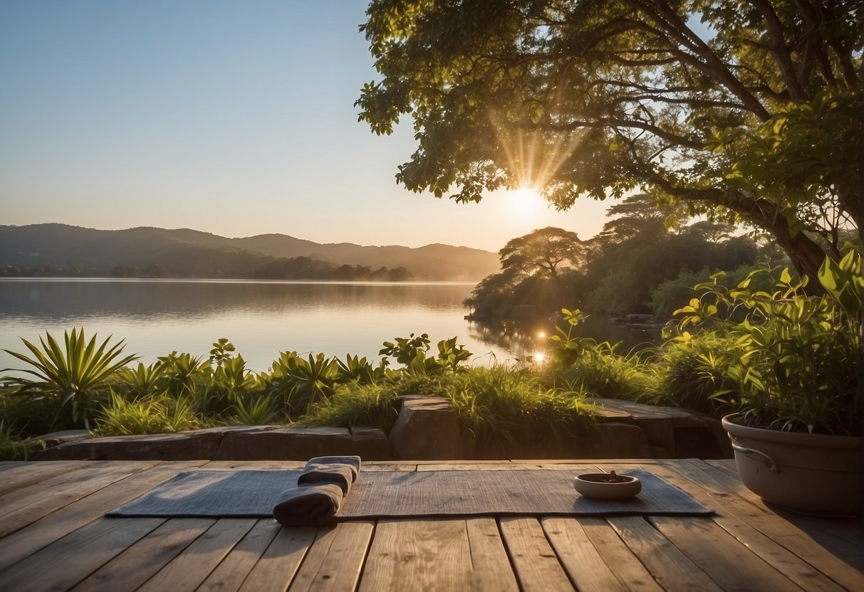 A serene outdoor setting at sunrise with a clear blue sky, lush greenery, and a tranquil body of water. The scene exudes a sense of peace and calm, perfect for morning yoga practice