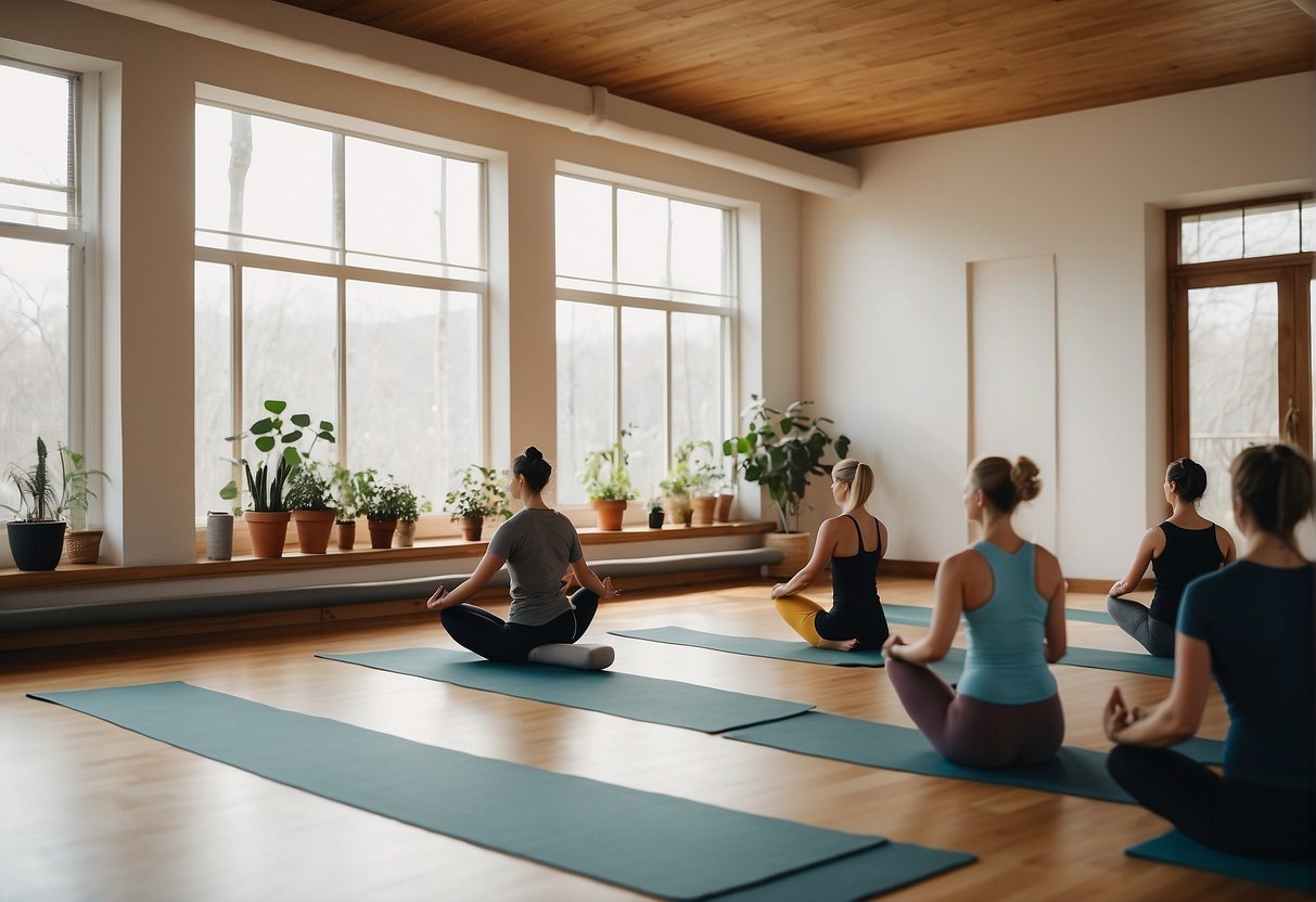 A serene yoga studio with mats arranged in a sequence, showcasing 10 beginner-friendly poses. The space is filled with natural light, creating a peaceful and inviting atmosphere