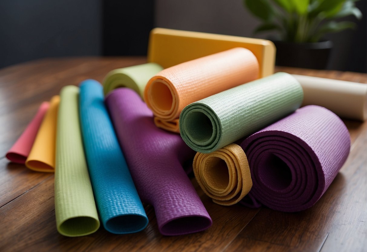 A yoga mat with various props like blocks and straps arranged around it, with a sign indicating modifications for accessibility