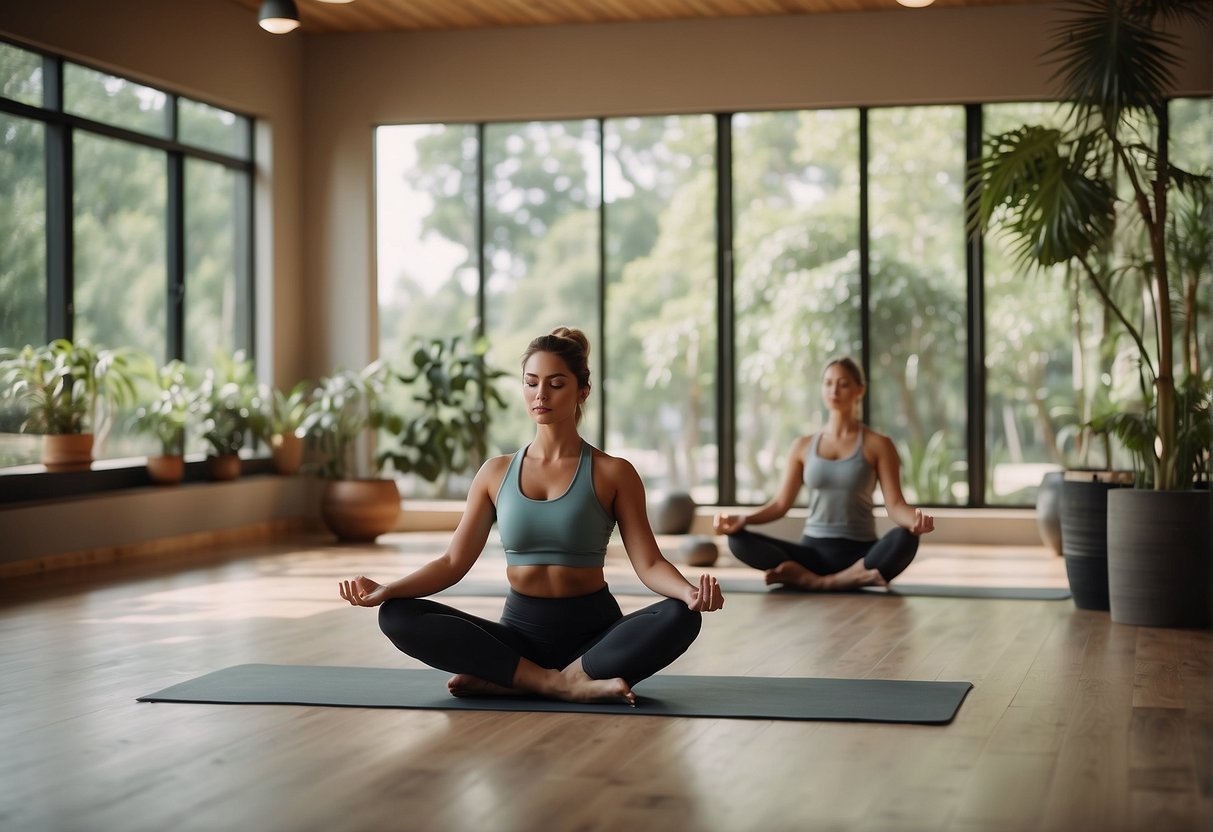 A serene yoga studio with 10 simple poses displayed on a poster, surrounded by calming colors and natural elements