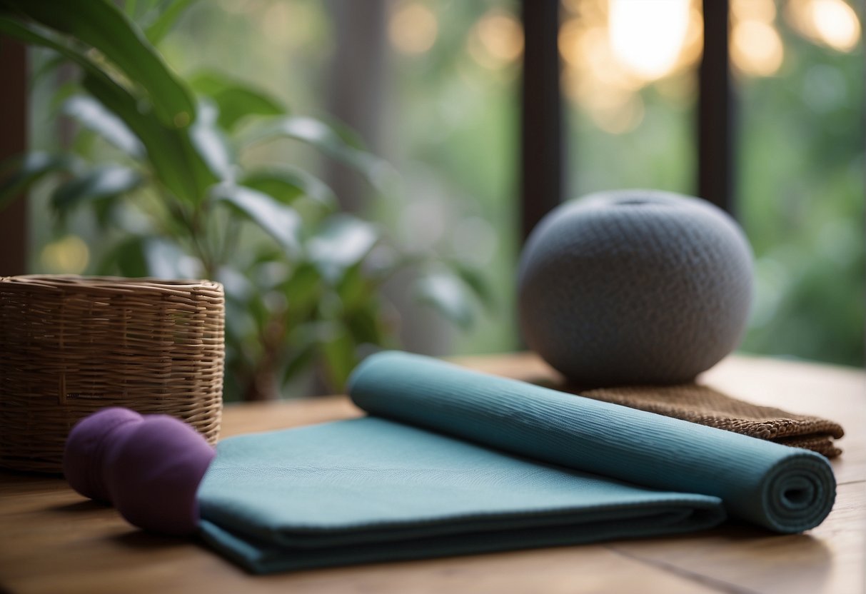 A serene setting with a peaceful atmosphere, featuring yoga mats, props, and a calming color palette to represent mindfulness and breathing techniques