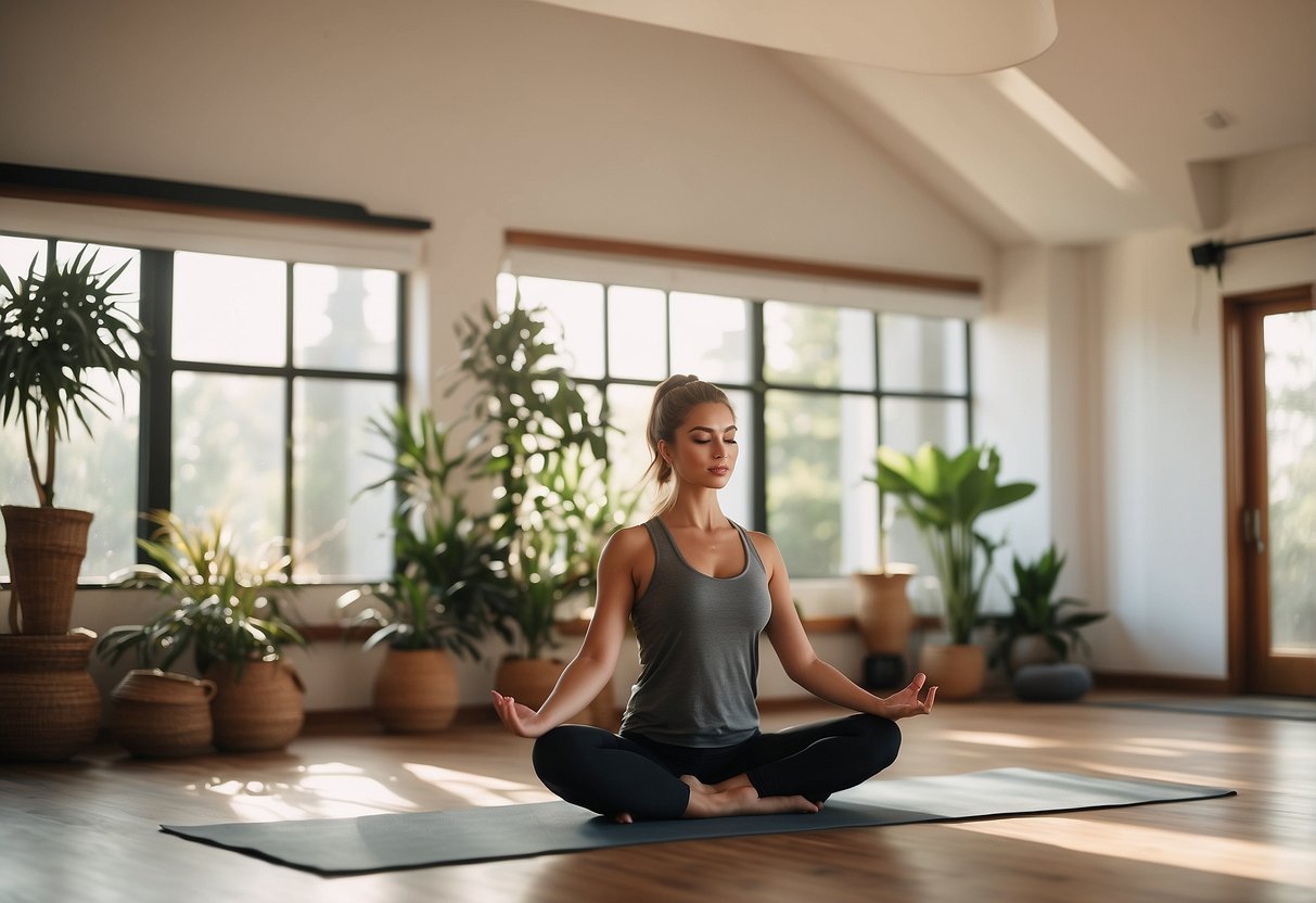 A serene yoga studio with 10 simple poses displayed on a poster, surrounded by calming decor and natural light